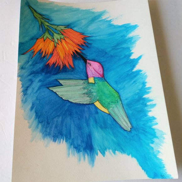 Painting Hummingbird and Flowers Watercolors Ink - Picture 5 of 16